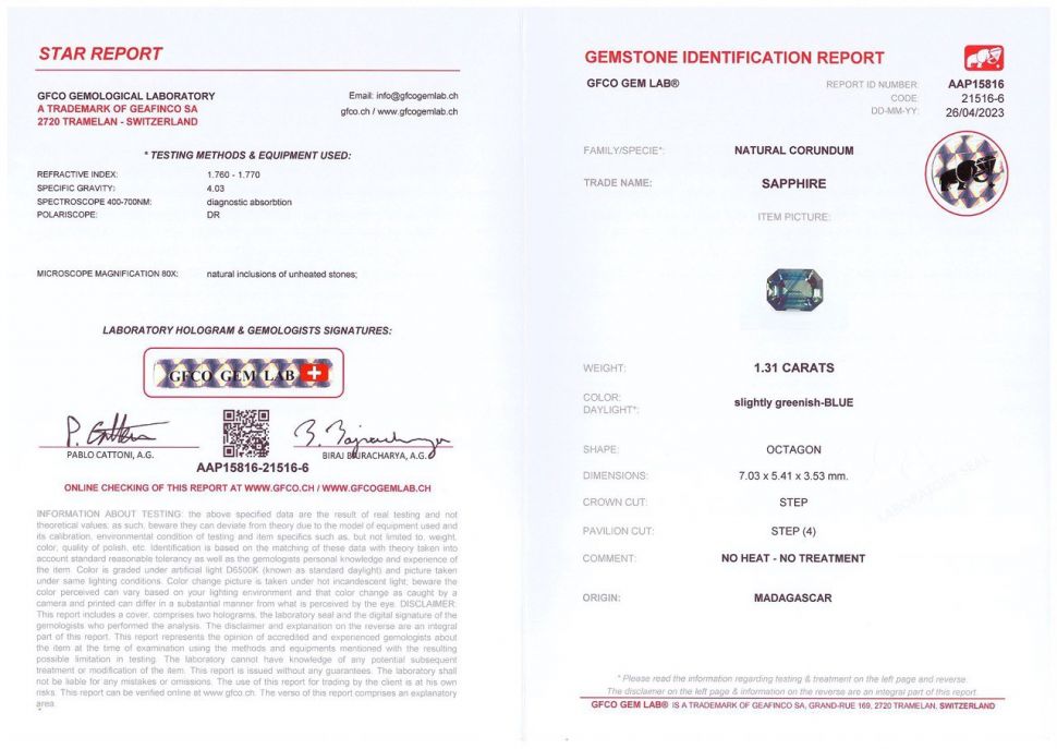 Сертификат Негретый полихромный сапфир в огранке октагон 1,31 карат, Мадагаскар