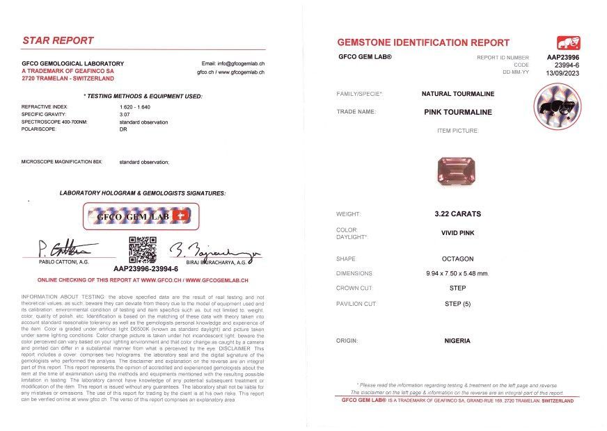 Сертификат Турмалин оранжевато-красный в огранке октагон 3,22 карат, Африка