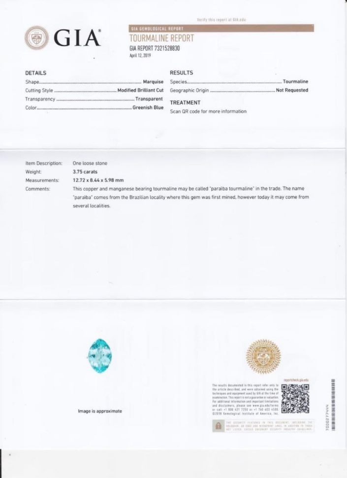 Сертификат Турмалин параиба в огранке маркиз 3,75 карата, GIA