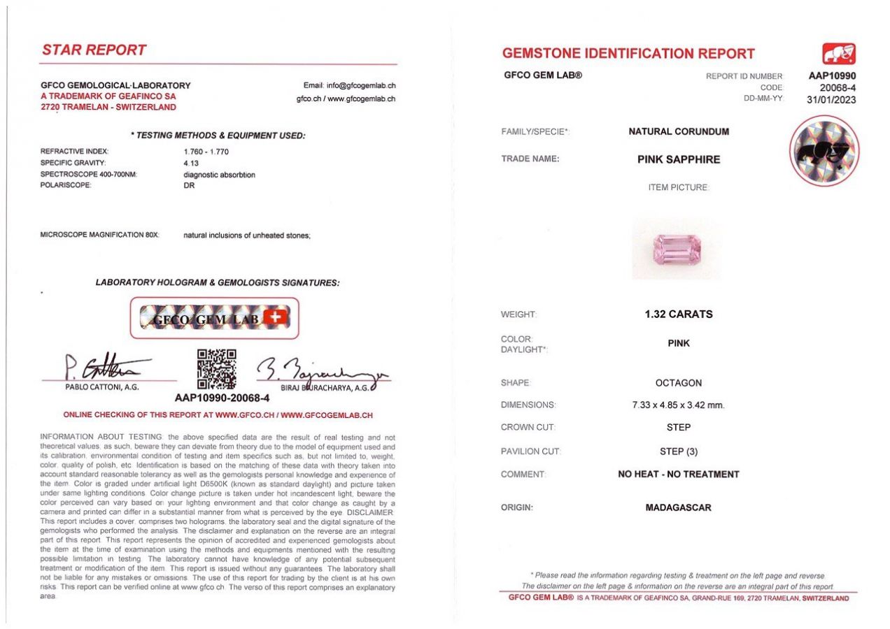 Сертификат Негретый розовый сапфир 1,32 карат, Мадагаскар