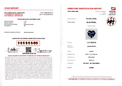 Сертификат Серо-синяя шпинель в огранке сердце 1,13 карат, Бирма