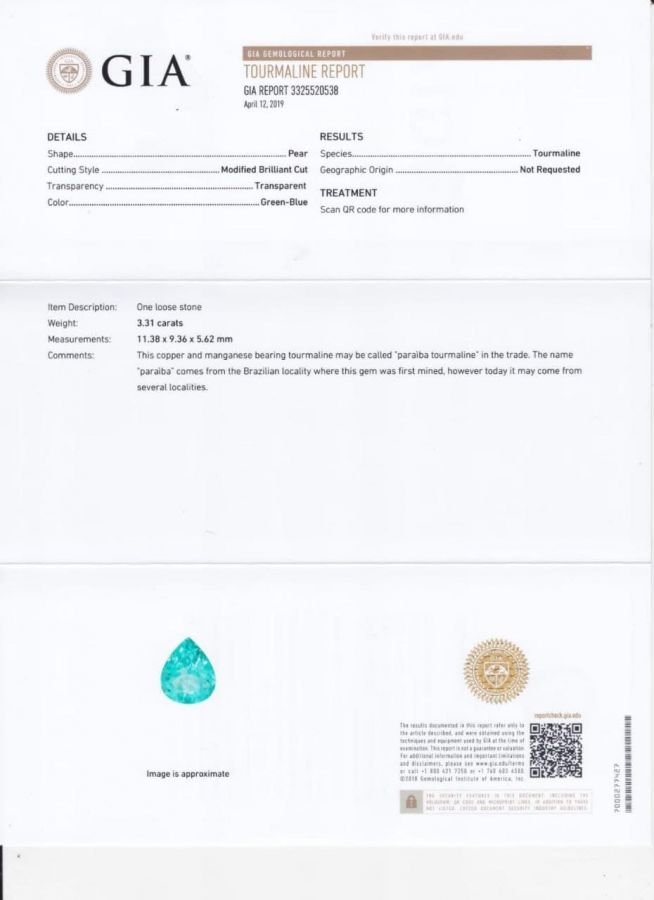 Сертификат Ярко-голубая параиба в форме груши 3,31 карата, GIA