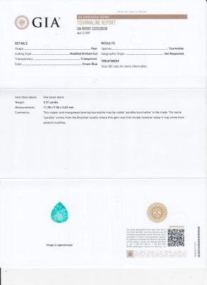 Сертификат Ярко-голубая параиба в форме груши 3,31 карата, GIA