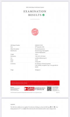 Сертификат Негретый оранжево-розовый сапфир Падпараджа в огранке круг 2,02 карата, Шри-Ланка