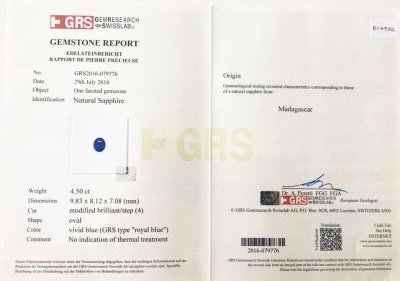 Сертификат Негретый сапфир 4,50 карат, Мадагаскар, GRS