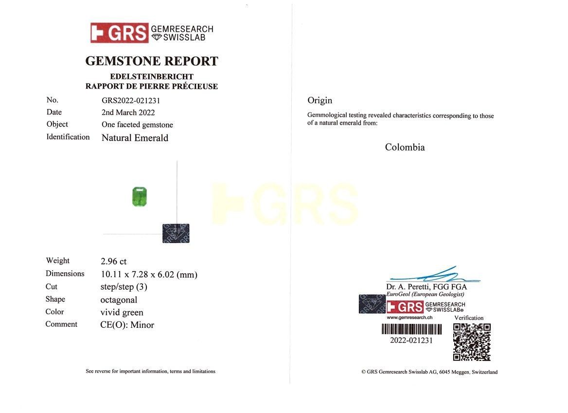 Сертификат Колумбийский изумруд цвета Vivid green 2,96 карата, GRS