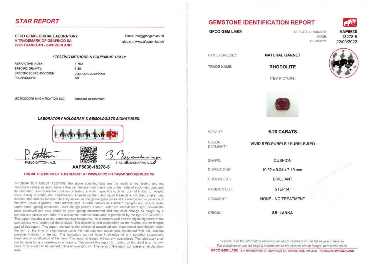 Сертификат Пурпурный гранат в огранке кушон 6,20 карат
