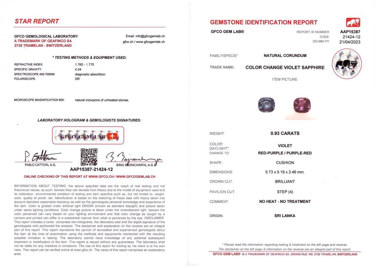 Сертификат Мадагаскарский фиолетовый сапфир в огранке кушон 0,93 карата