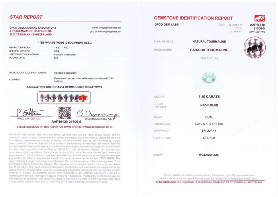 Сертификат Турмалин Параиба в огранке овал 1,40 карата, Мозамбик