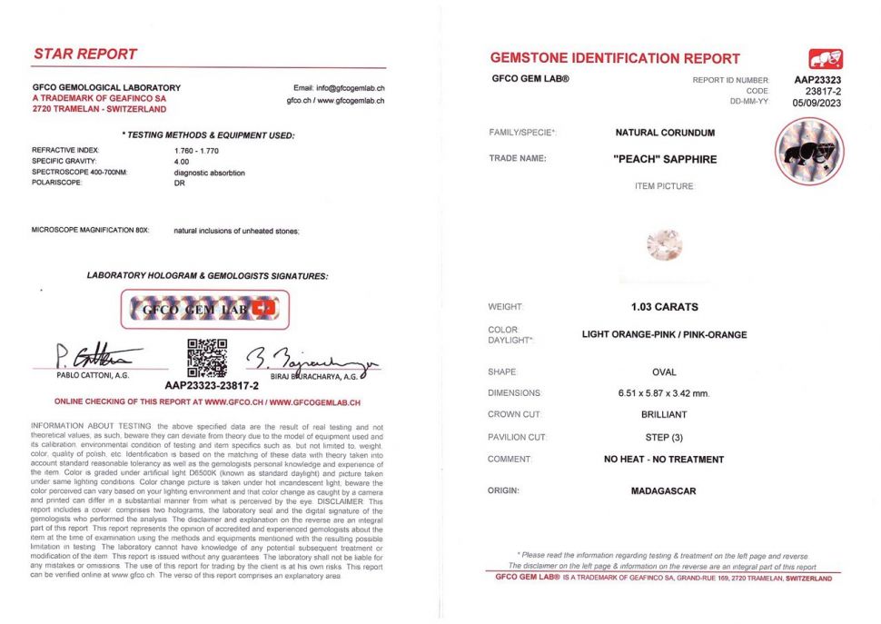 Сертификат Негретый сапфир Падпараджа в огранке овал 1,03 карата, Мадагаскар