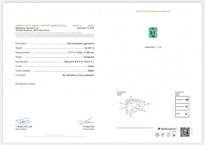 Сертификат Крупный зеленый берилл в огранке октагон 22,34 карата, Нигерия