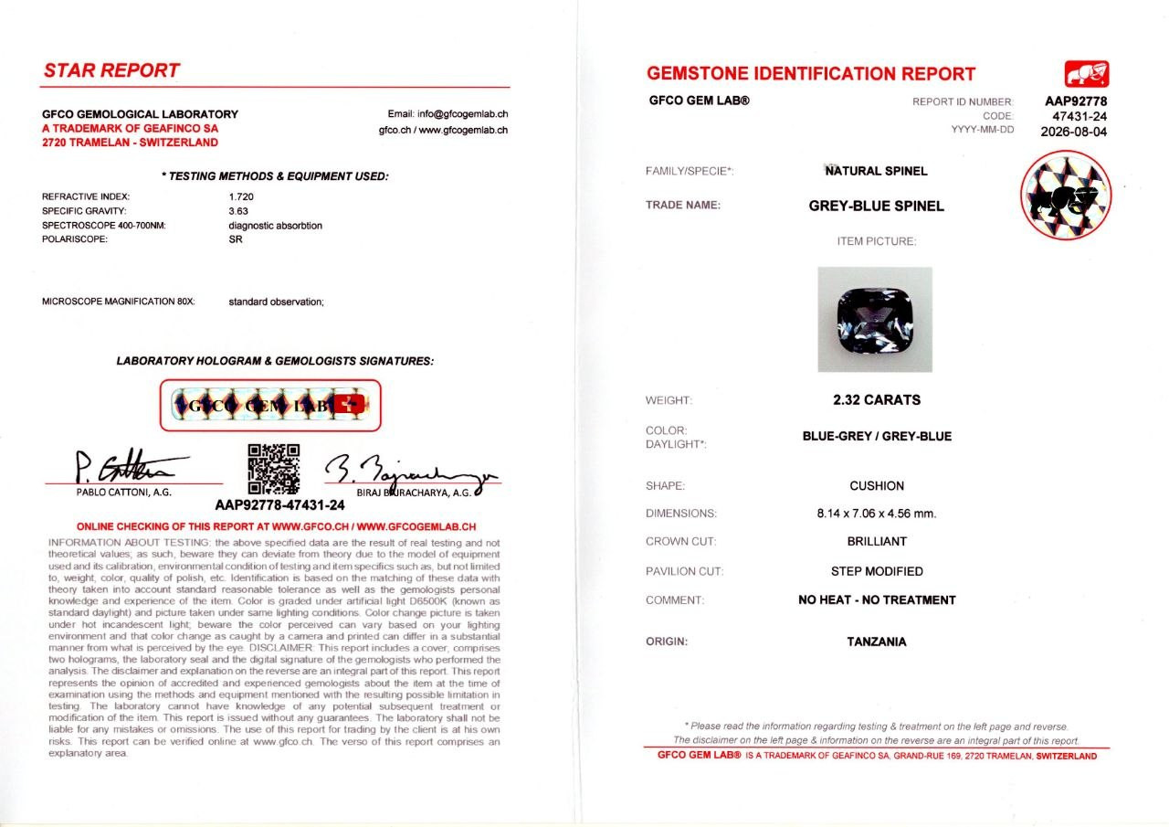 Серо-синяя шпинель в огранке кушон 2,32 карата, Танзания Изображение №6