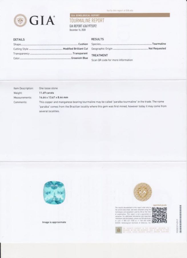 Сертификат Крупный насыщенный турмалин параиба в форме кушон 11,69 карат, GIA