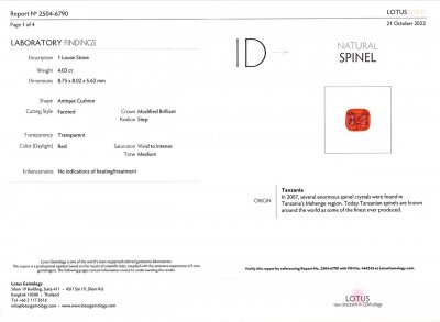 Сертификат Неоново-красная шпинель Махенге 4,03 карата, Lotus
