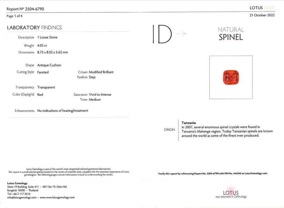 Сертификат Неоново-красная шпинель Махенге 4,03 карата, Lotus