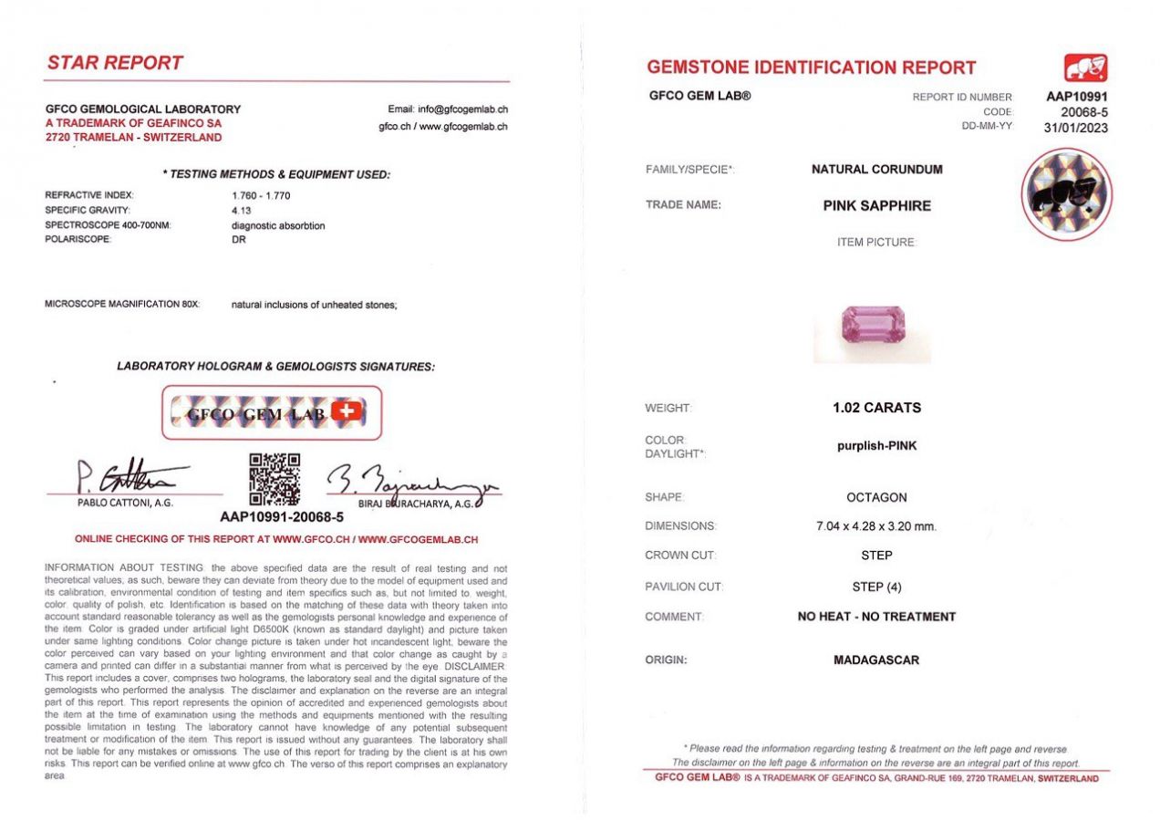 Сертификат Ярко-розовый негретый сапфир 1,02 карат, Мадагаскар