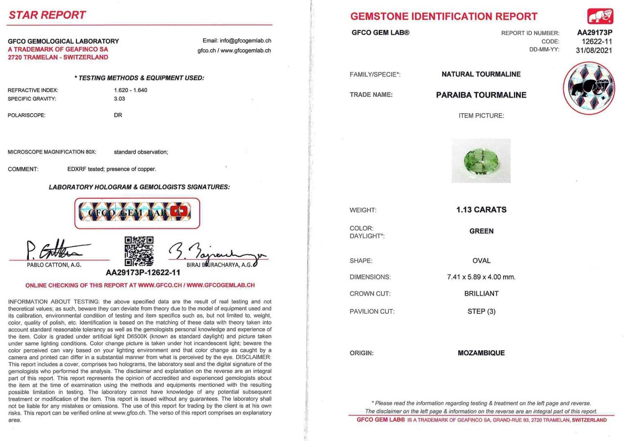 Сертификат Зеленый турмалин Параиба из Мозамбика 1,13 карат, GFCO