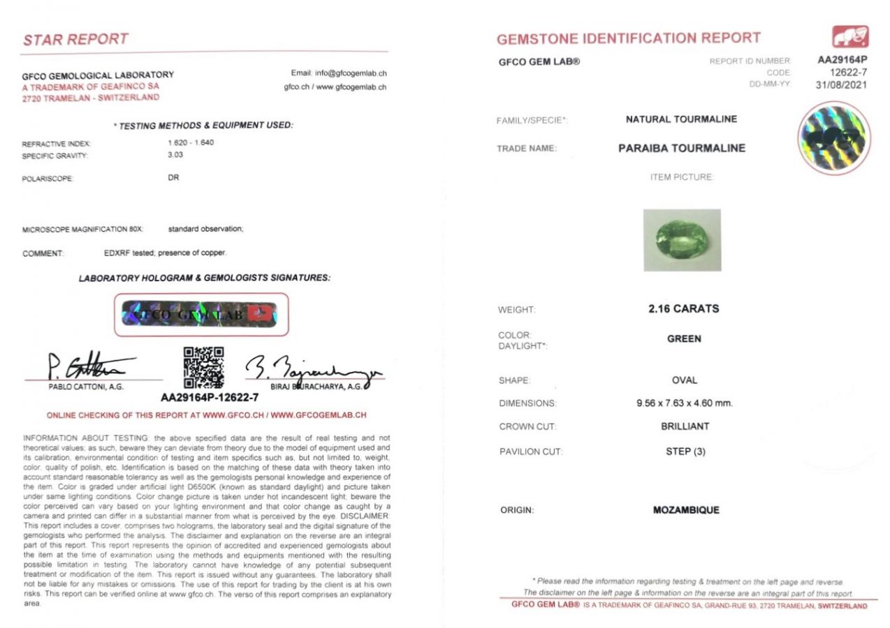 Сертификат Турмалин параиба в огранке овал 2,16 карата, Мозамбик