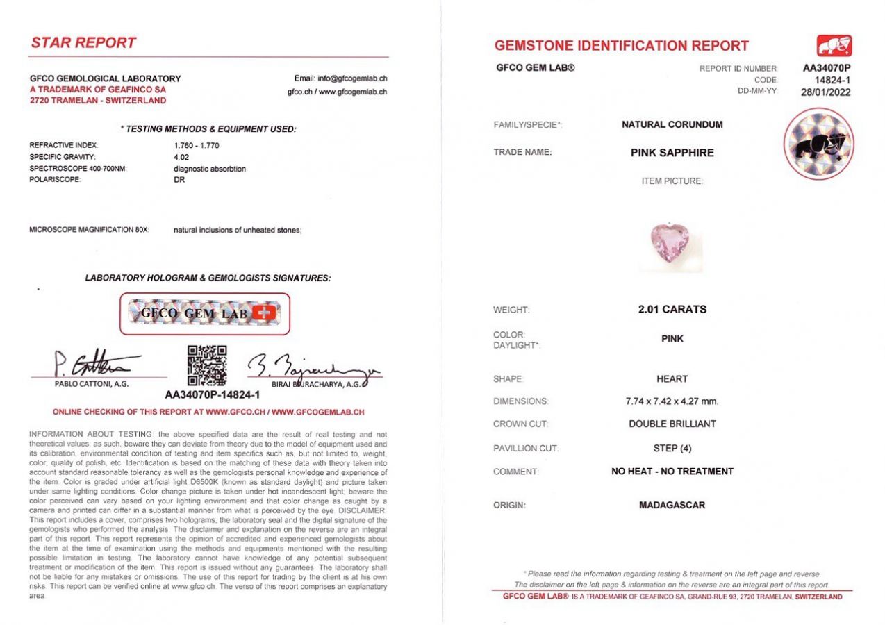 Сертификат Негретый розовый сапфир в огранке сердце 2,01 карата, Мадагаскар