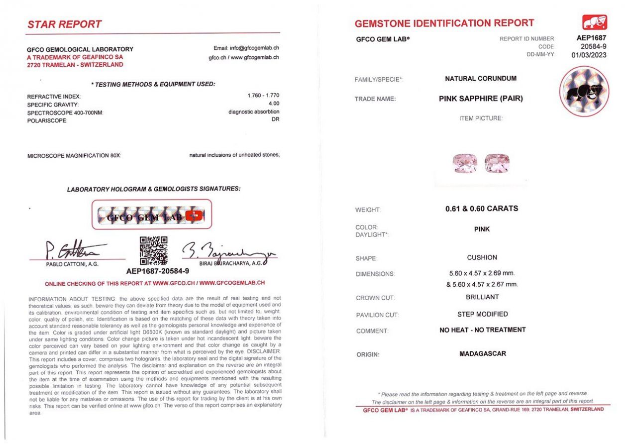 Сертификат Пара розовых негретых сапфиров 1,21 карат, Мадагаскар