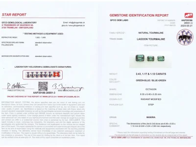 Сертификат Сет из трех индиголитов в огранке октагон 4,72 карата, Нигерия 
