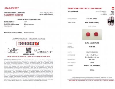Сертификат Пара ярко-красных шпинелей Мансин 0,91 карат в огранке кушон, Бирма