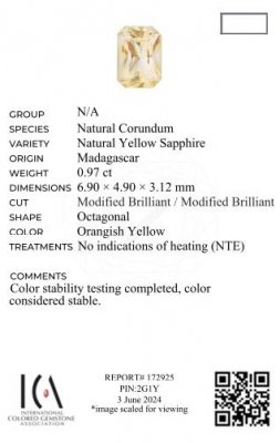 Сертификат Необлагороженный желтый Pastel Yellow сапфир в огранке радиант 0,97 карата, Мадагаскар