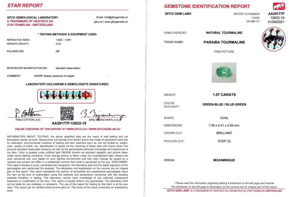 Сертификат Зеленовато-голубая Параиба 1,07 карат, GFCO