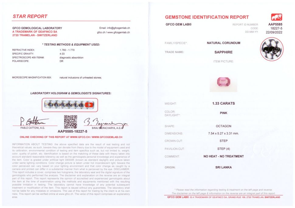 Сертификат Негретый ярко-розовый сапфир в огранке октагон 1,33 карата, Шри-Ланка