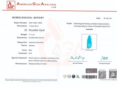 Сертификат Дублетный опал в огранке кабошон 7,11 карата, Австралия