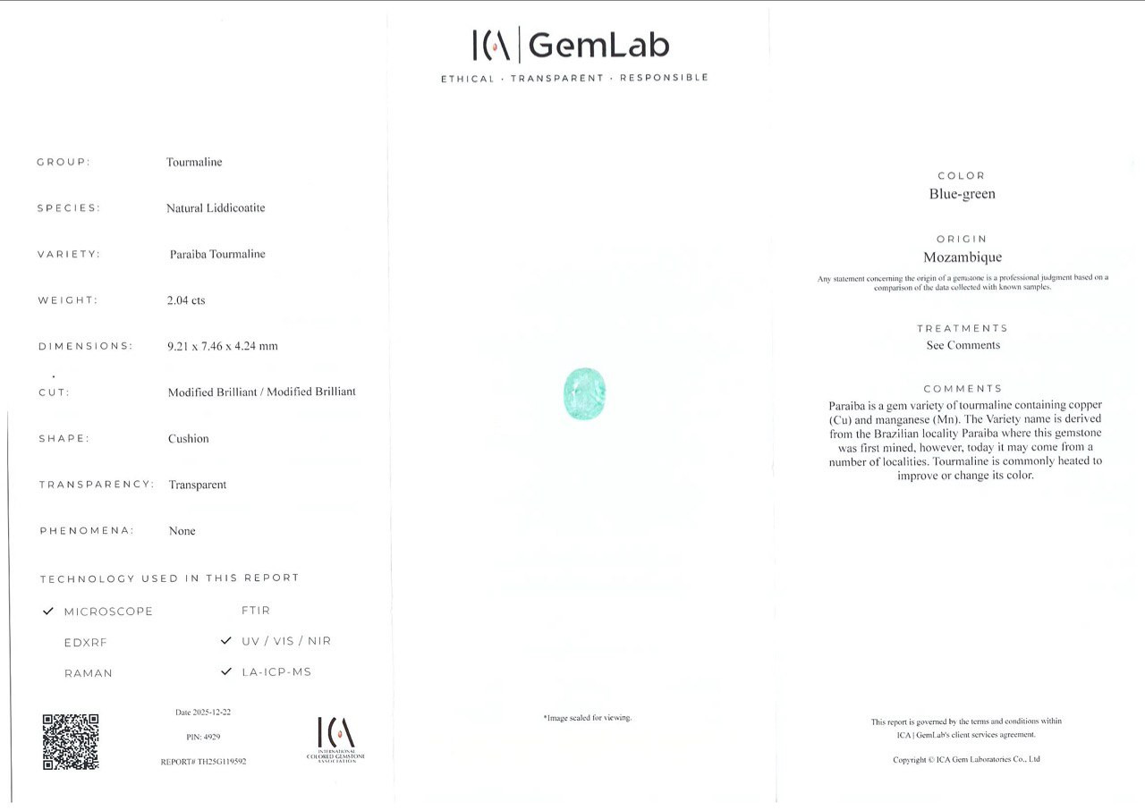 Неоновый турмалин Параиба в огранке кушон 2,04 карат, Мозамбик Изображение №6