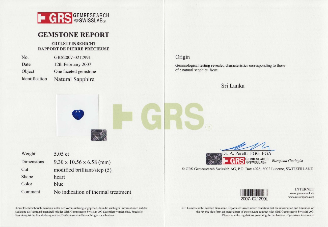 Сертификат Негретый сапфир в форме сердца 5,05 карат, Шри-Ланка, GRS