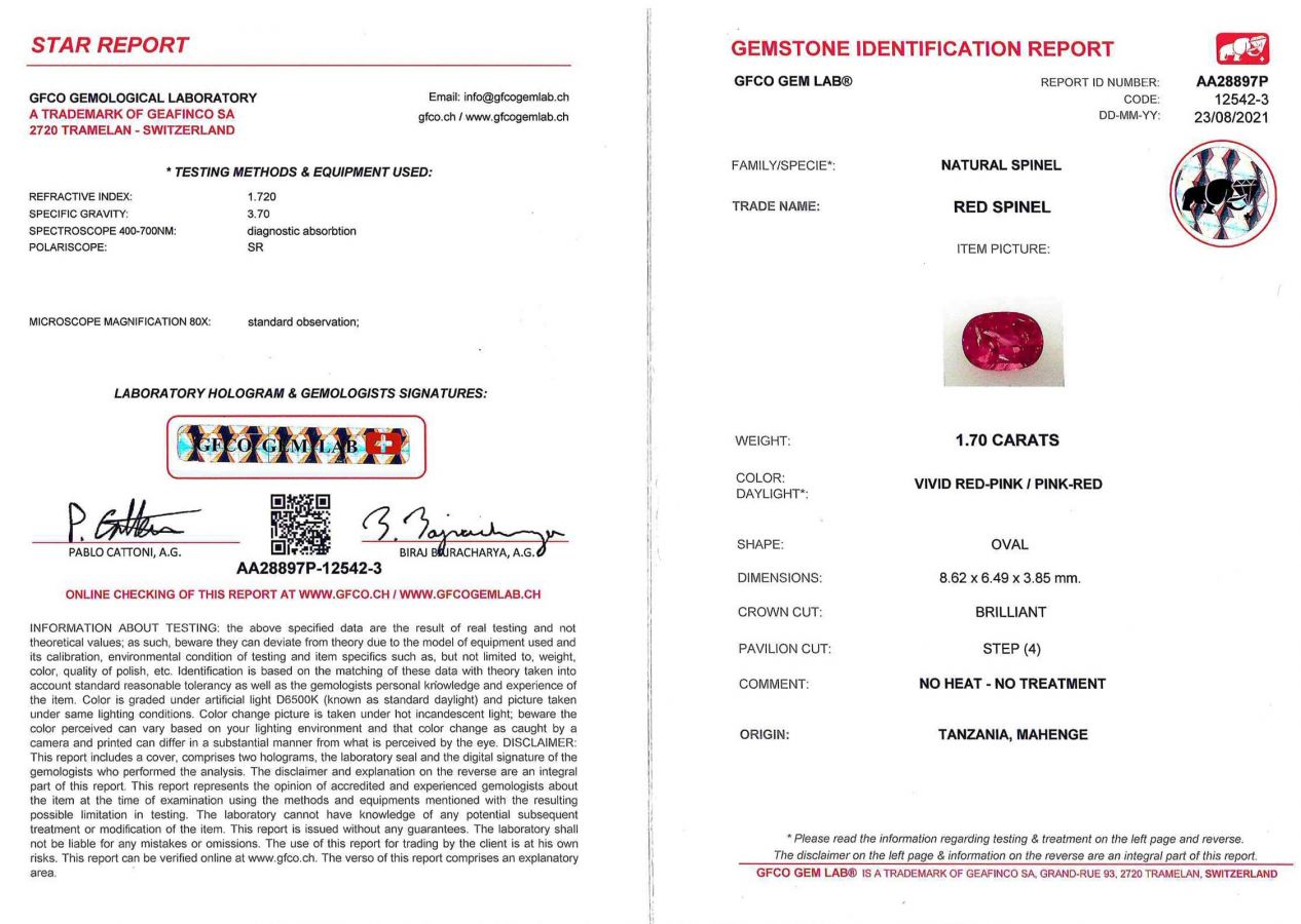 Сертификат Яркая розовато-красная шпинель Махенге 1,70 карат, GFCO