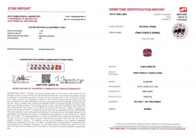 Сертификат Насыщенная розовая шпинель 4,48 карат, Бирма