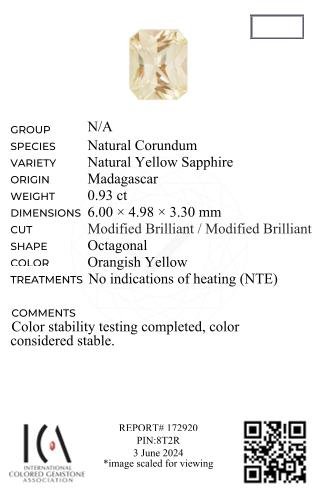Необлагороженный желтый сапфир Pastel Yellow в огранке радиант 0,93 карата, Мадагаскар Изображение №6