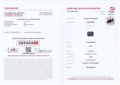 Сертификат Негретый Teal сапфир в огранке радиант 1,55 карата, Мадагаскар    