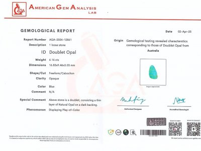 Сертификат Дублетный опал в огранке кабошон 4,14 карата, Австралия